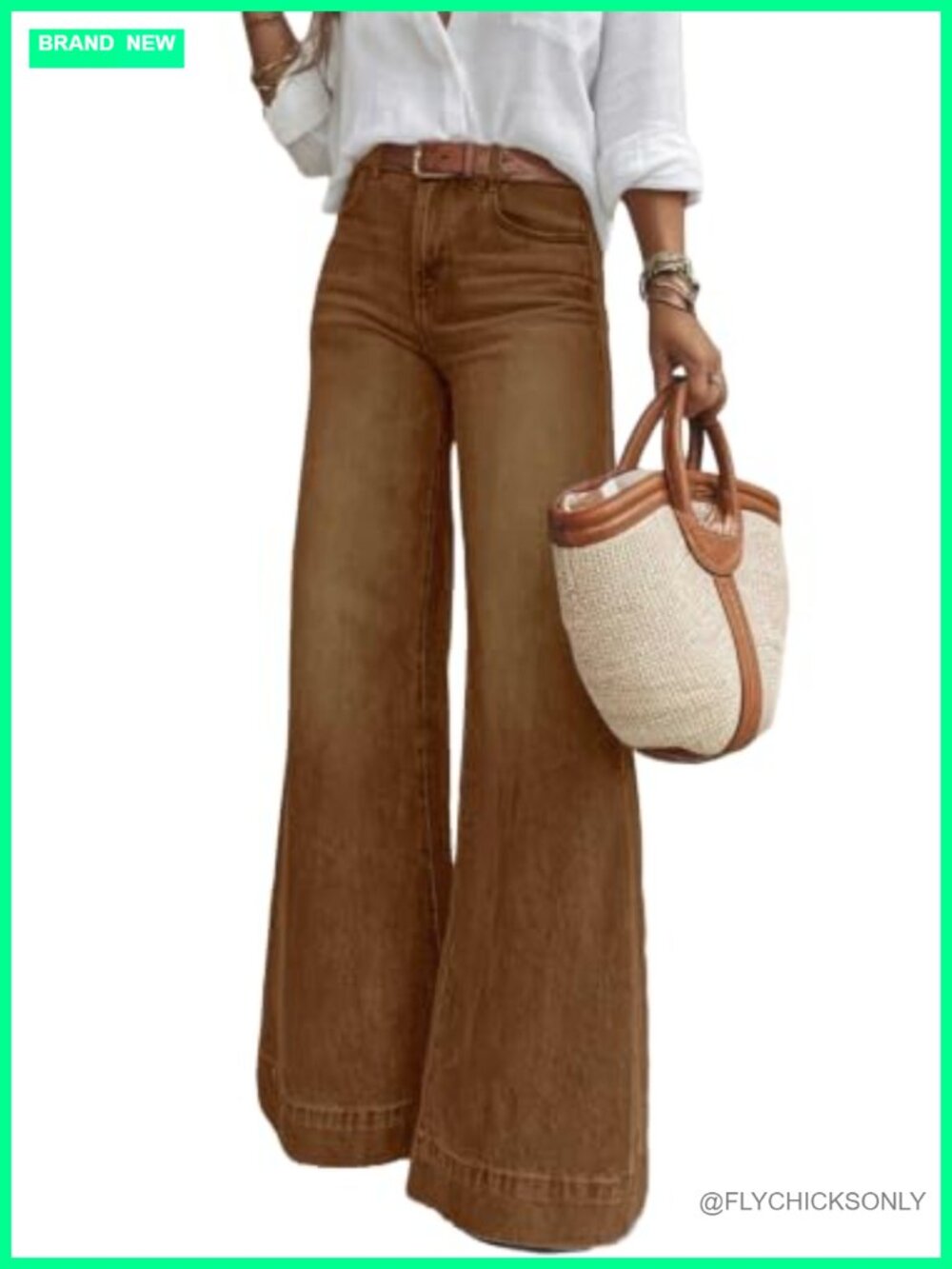 Wide Leg High Waisted Stretch Denim Flare Jeans with Pockets